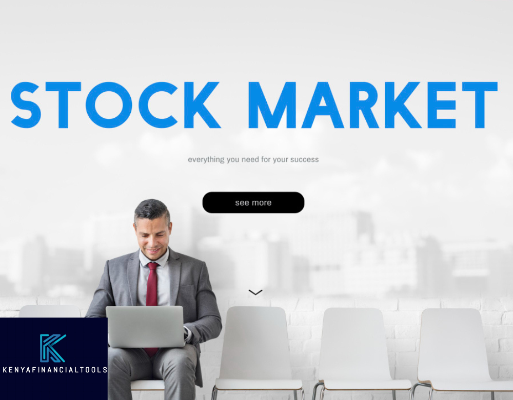 stock market titlr with a man sitting with a laptop